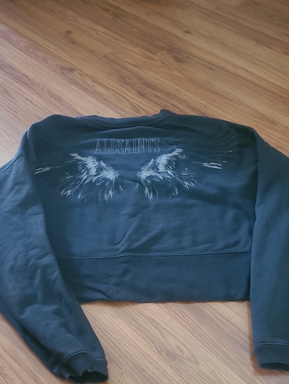 AllSaints Black Cropped Sweatshirt with Wing Graphic